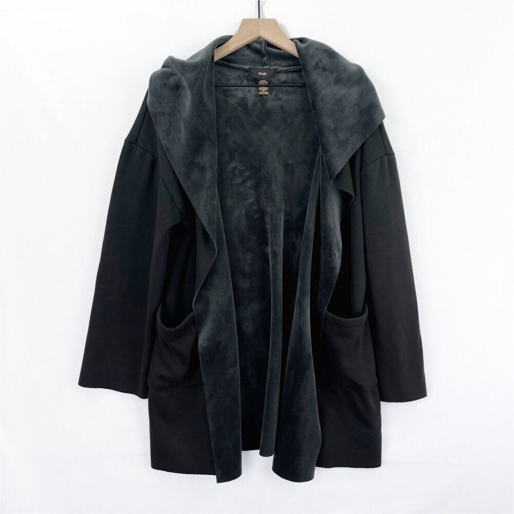 RAIN Sweater Women XL Black Soft Cozy Knit Hood Coatigan Lagenlook Hippie Open